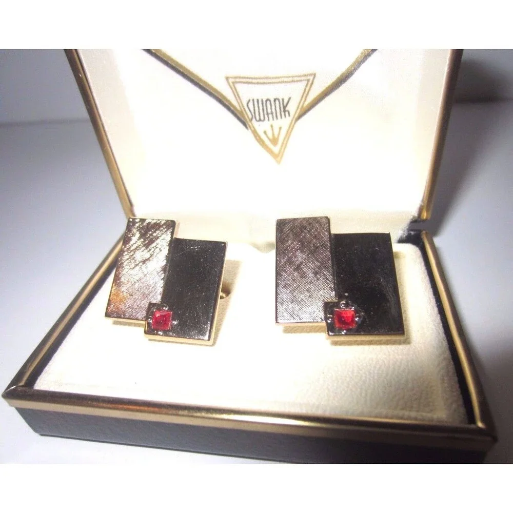 Vintage Signed Swank Cufflinks - Goldtone & Red Rhinestone Garnet - Original Box